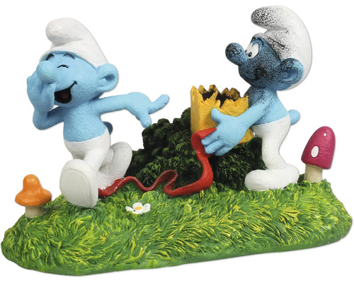 Aquariumdekoration AQUA DELLA Schlümpfe Wald mit Witzboldschlumpf Action ca. 15 x 10 x 9 cm Polyesterharz Dekoration für Aquarien mit zwei Schlümpfen auf einer grünen Grasfläche mit Pilzen und einer gelben Burg.