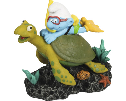 Aquariumdekoration AQUA DELLA Schlümpfe unter Wasser mit Schildkröte ca. 13 x 7 x 12 cm Polyesterharz Dekofigur: Schlumpf mit Schnorchel auf Schildkröte