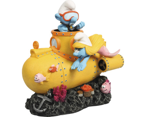 Aquariumdekoration AQUA DELLA Schlümpfe unter Wasser mit U-Boot ca. 16 x 11 x 16 cm Polyesterharz Dekoration für Aquarien mit Schlümpfen in einem gelben U-Boot auf einem schwarzen Sockel