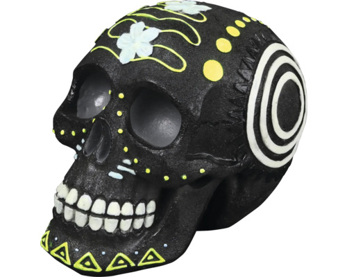 Aquariumdekoration AQUA DELLA Dia de los Muertos Schädel schwarz ca. 11,8 x 7,8 x 9 cm Polyesterharz, Halloweenfigur Dekorativer Totenkopf mit Blumen- und Punktmuster