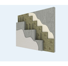 Schematische Darstellung eines Wandaufbaus mit Dämmung und Bewehrung.