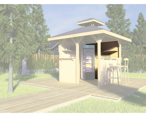 Gartenbar mit Kühlgerät und Barhockern auf Holzterrasse