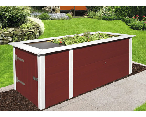 Hochbeet aus Holz mit Pflanzen im Garten