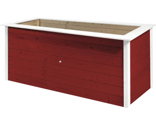 Hochbeet aus Holz mit roter Aussenverkleidung und weissem Rahmen
