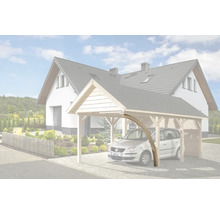 Carport aus Holz vor einem Wohnhaus mit Auto