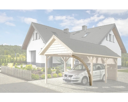 Carport aus Holz vor einem Wohnhaus mit Auto