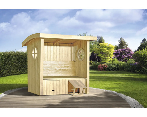 Gartenlaube aus Holz mit Sitzbank, Ablagefach und ovalen Fenstern