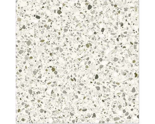 Nahaufnahme einer Terrazzo-Fliese mit kleinen, unregelmäßigen Steinchen