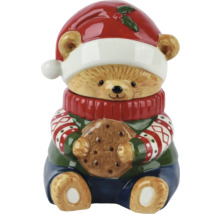 Keksdose in Form eines Teddybären mit Weihnachtsmütze und Keks