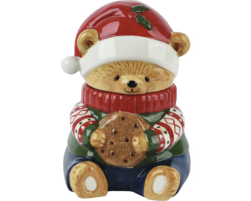 Keksdose in Form eines Teddybären mit Weihnachtsmütze und Keks