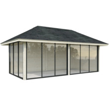 Holzgartenhaus mit Glaswänden und Ziegeldach