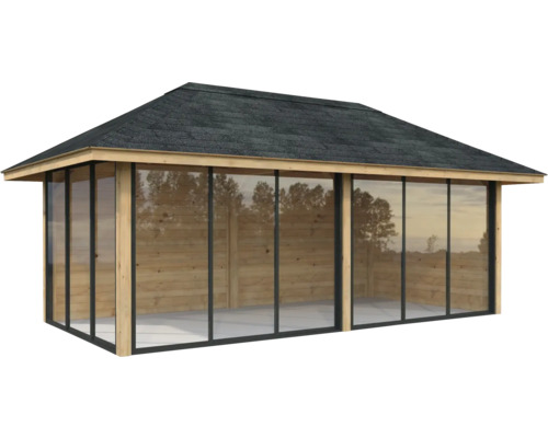 Freistehender Pavillon mit Holzrahmen, Glaswänden und Ziegeldach