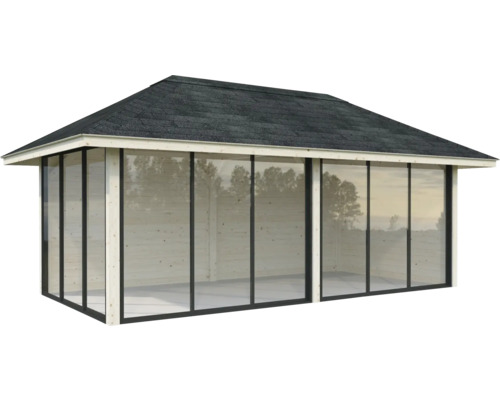 Holzgartenhaus mit Glaswänden und Dachpappe