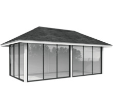 Pavillon mit Glaswänden und Dach aus Dachpappe