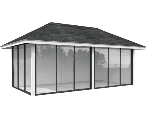 Pavillon mit Glaswänden und Dach aus Dachpappe