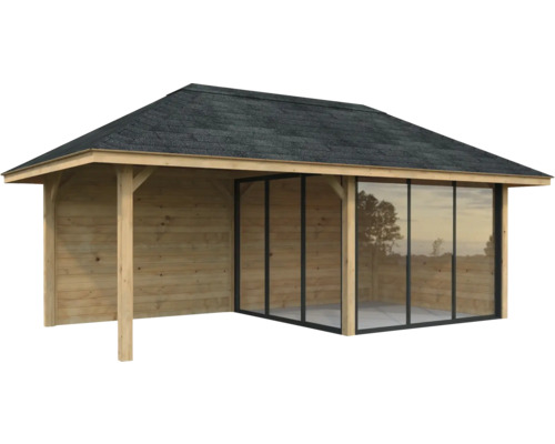 Holz Gartenhaus mit Glasfront und Dachschindeln