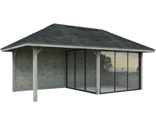 Holzpavillon mit Dach und Glasfront