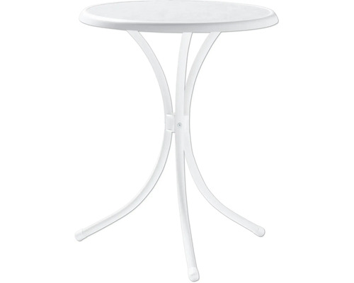 Weißer Bistrotisch mit runder Tischplatte und drei Beinen