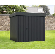 Geräteschuppen aus Metall mit Tür und Griff im Garten