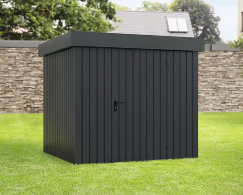 Geräteschuppen aus Metall mit Tür und Griff im Garten