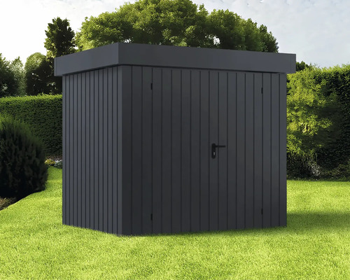 Rechteckiges Gartenhaus mit Tür auf Rasenfläche