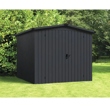 Schwarzes Gartenhaus aus Metall im Garten