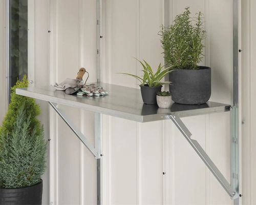Klapptisch Hörmann EcoStar Euroline 98 x 52 x 0,15 cm silber Wandregal mit Gartenwerkzeug und Pflanzen in Töpfen