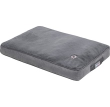 Graues Hundebett aus Stoff mit gesticktem Muster und Firmenlogo