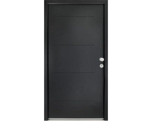 Schwarze Innentür mit horizontalen Zierleisten, Türknauf und Schlüsselloch.