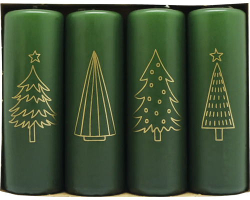 Adventskerzen Ø 4 cm H 12,2 cm Tannen waldgrün 4 Stk. Vier grüne Stumpenkerzen mit goldenen Weihnachtsbaum Motiven