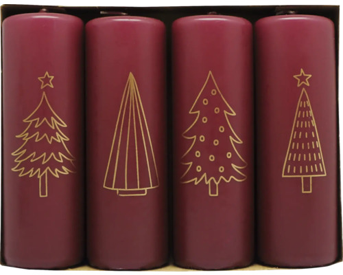 Adventskerzen Ø 4 cm H 12,2 cm Tannen bordeaux 4 Stk. Vier Stumpenkerzen in Lila mit goldenen Weihnachtsmotiven