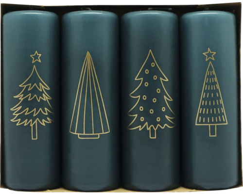 Adventskerzen Ø 4 cm H 12,2 cm Tannen petrol 4 Stk. Vier blaue Stumpenkerzen mit goldenen Weihnachtsbaum Motiven in einer Verpackung.