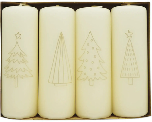 Adventskerzen Ø 4 cm H 12,2 cm Tannen creme 4 Stk. Vier weiße Stumpenkerzen mit Weihnachtsbaum Motiven in einer Verpackung