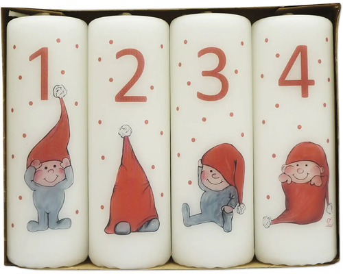 Adventskerzen Ø 4 cm H 12,2 cm Wichtel weiß 4 Stk. Adventskerzen Set mit Zahlen und Weihnachtsmotiven