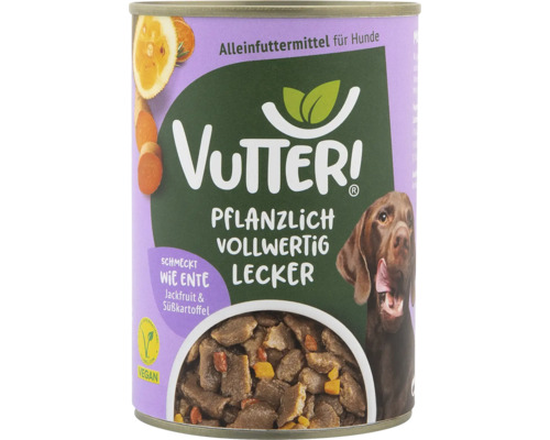 Hundefutter nass Vutter! Schmeckt wie Ente 400 g 100% Vegan Vutteri Alleinfuttermittel für Hunde mit Jackfruit und Süßkartoffel in einer Dose