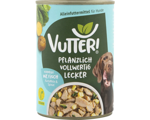 Hundefutter nass Vutter! Schmeckt wie Fisch 400 g 100% Vegan Vutter Alleinfuttermittel für Hunde mit Fisch, Kartoffeln und Spinat in Dose