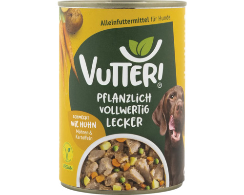 Hundefutter nass Vutter! Schmeckt wie Huhn 400 g 100% Vegan Dose Vutteri Alleinfuttermittel für Hunde, pflanzlich und vollwertig, mit Gemüse.