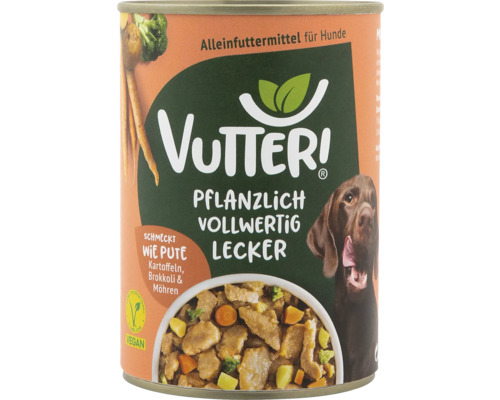 Hundefutter nass Vutter! Schmeckt wie Pute 400 g 100% Vegan Dose Hundefutter mit Gemüse und pflanzlichen Zutaten