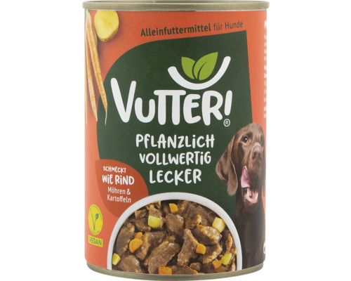 Hundefutter nass Vutter! Schmeckt wie Rind 400 g 100% Vegan Vutter Hundefutter in Dose mit Rind-, Karotten- und Kartoffelgeschmack