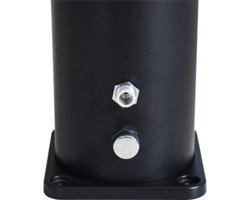 Detailaufnahme eines schwarzen Lampenfußes mit Anschluss und Schraube