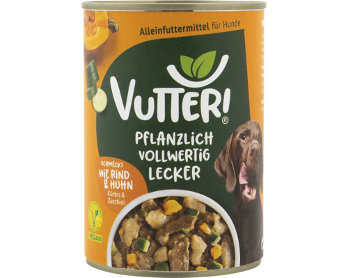 Hundefutter nass Vutter! Schmeckt wie Rind & Huhn 400 g 100% Vegan Vutteri Hundenassfutter mit Kürbis und Zucchini in Konservendose