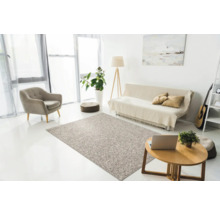 Wohnzimmer mit Teppich, Sessel, Sofa und Couchtisch in hellem Design