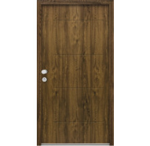 Holztür mit drei horizontalen Zierlinien und Türgriff