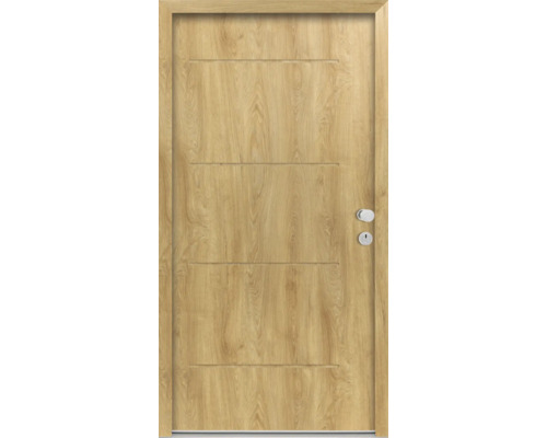 Holztür mit horizontalen Rillen und Türgriff