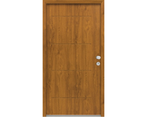 Holztür mit horizontalen Rillen und Beschlägen
