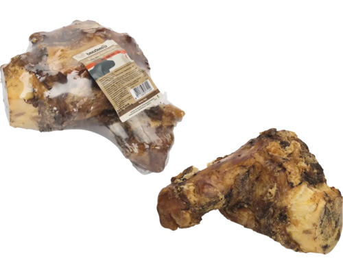 Zwei Rinderkopfhautknochen für Hunde, einer verpackt und einer unverpackt