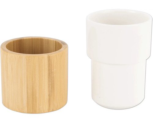 Badezimmer Set bestehend aus Bambus Zahnputzbecher und Keramik Zahnputzbecher
