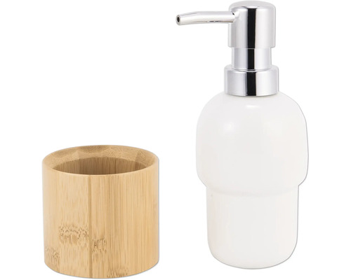 Seifenspender und Zahnputzbecher aus Keramik und Bambus