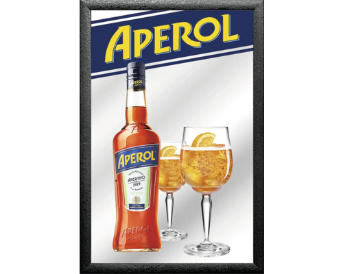 Bedruckter Spiegel Aperol Flasche und Gläser 22x32 cm Aperol Flasche und zwei Aperol Spritz Gläser in einem schwarzen Rahmen