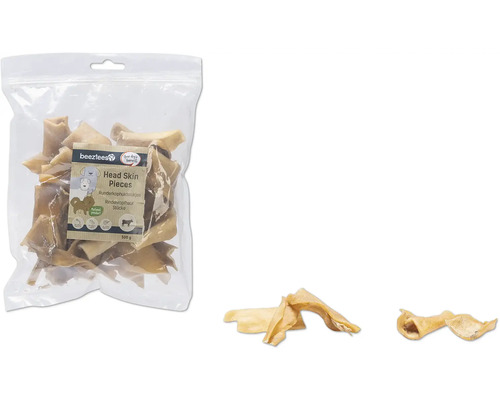 Beetztees Rinderkopfhautstücke in transparenter Verpackung, Hundesnack